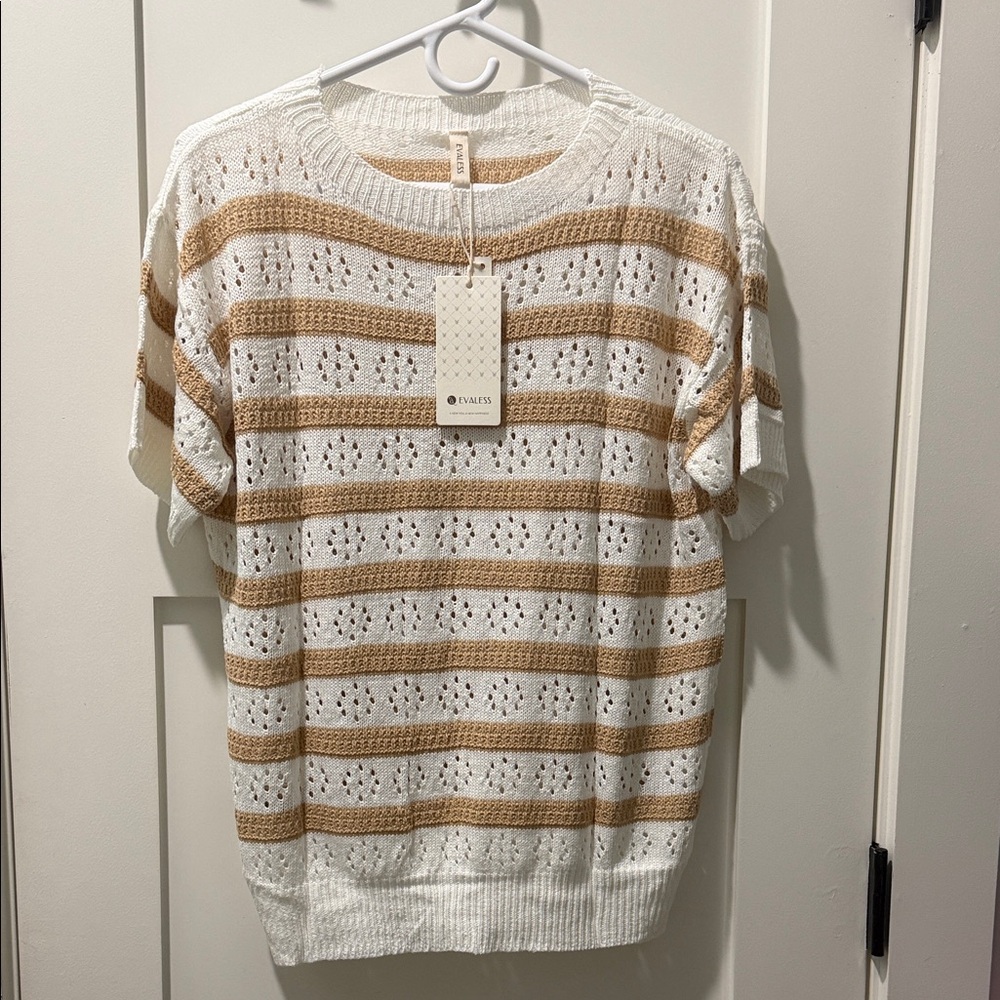 NWT Evaless Eyelet Striped Short Sleeve Ribbed Trim minimalist classic neutral M